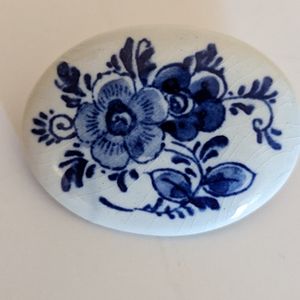Blue Delft Holland Hand Painted Porcelain Flower Brooch Pin Signed